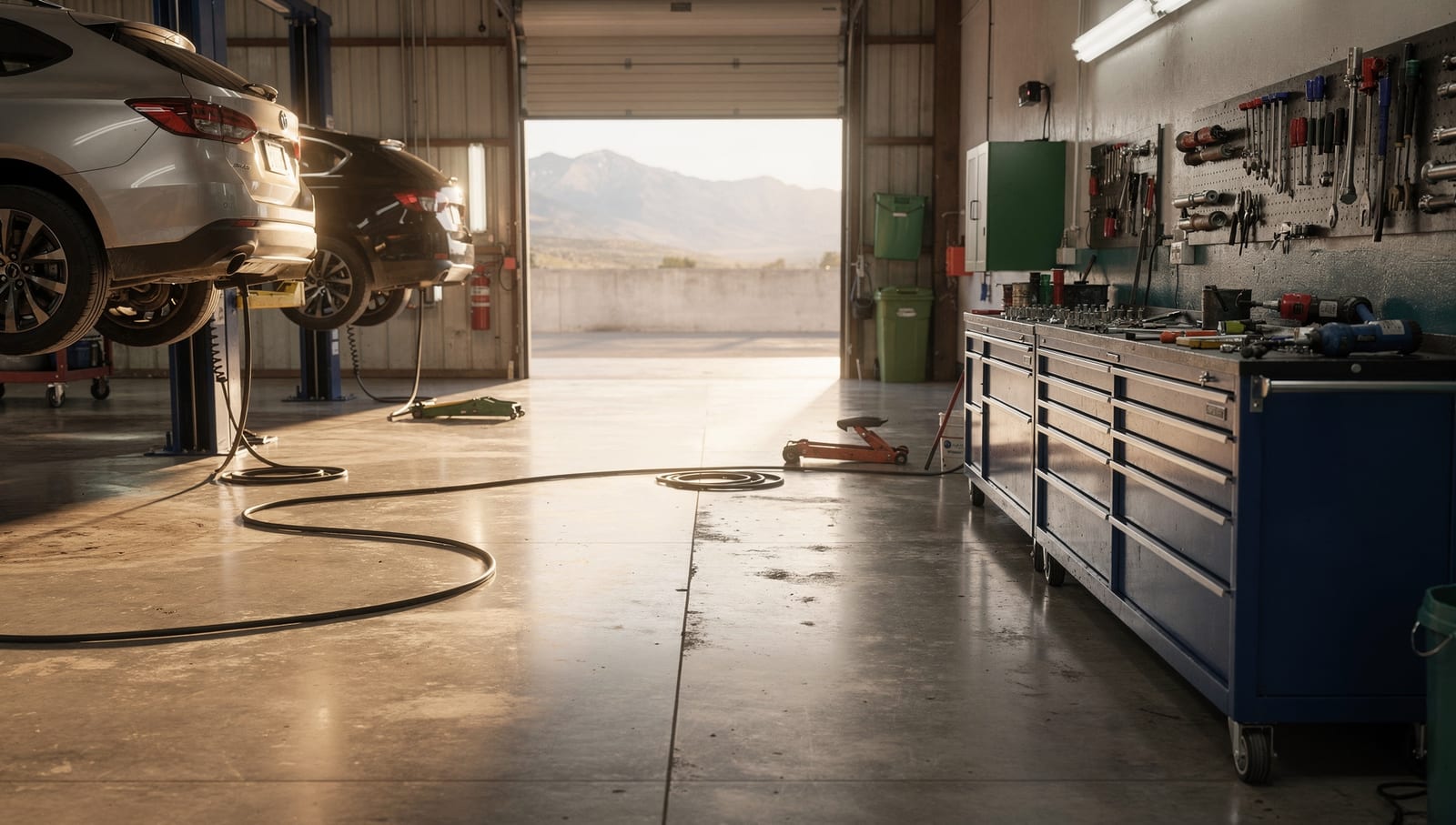 Inside the shop — cars up on the lifts, morning light through the bay door