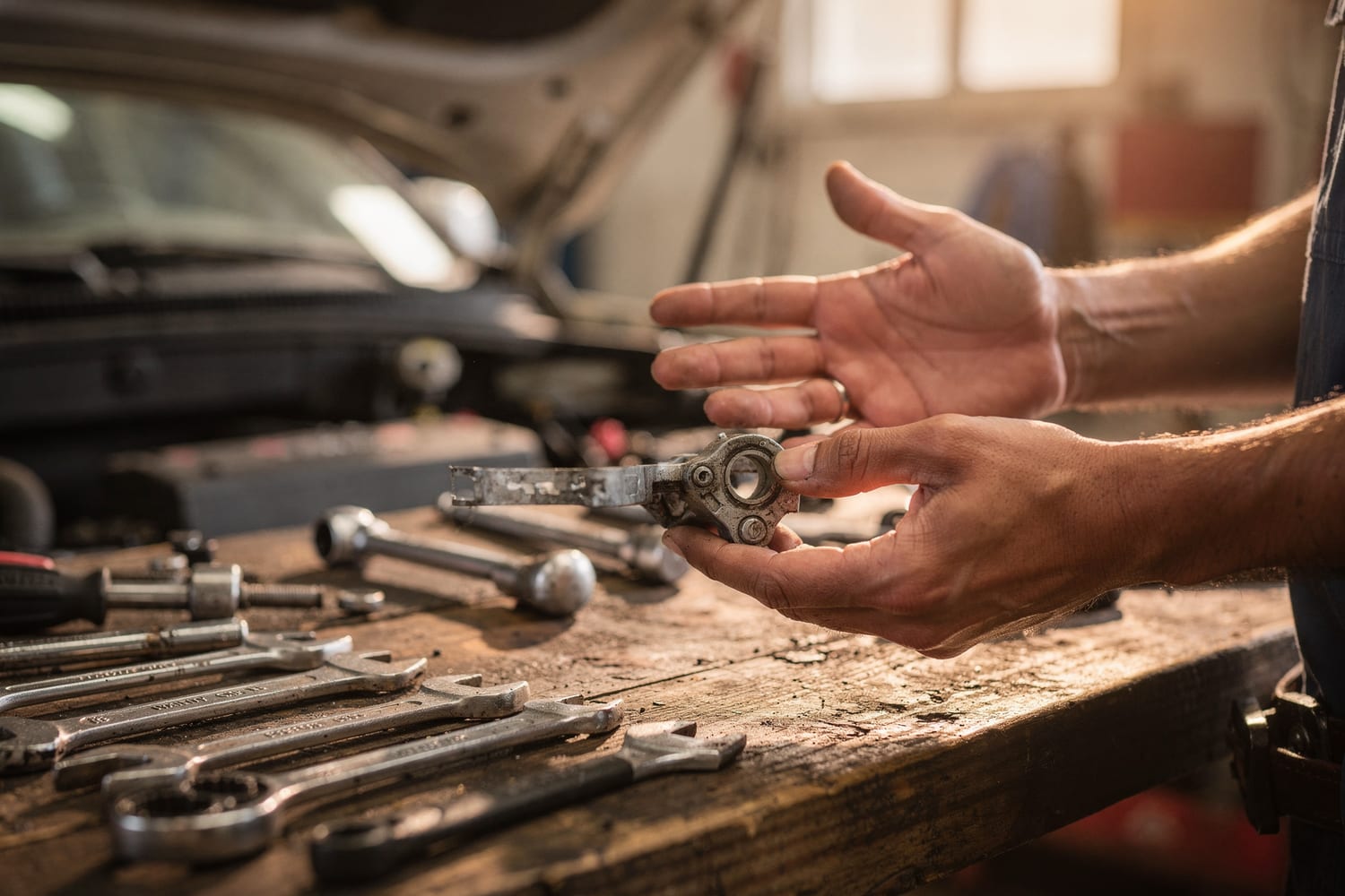 A mechanic explaining a worn part at the workbench