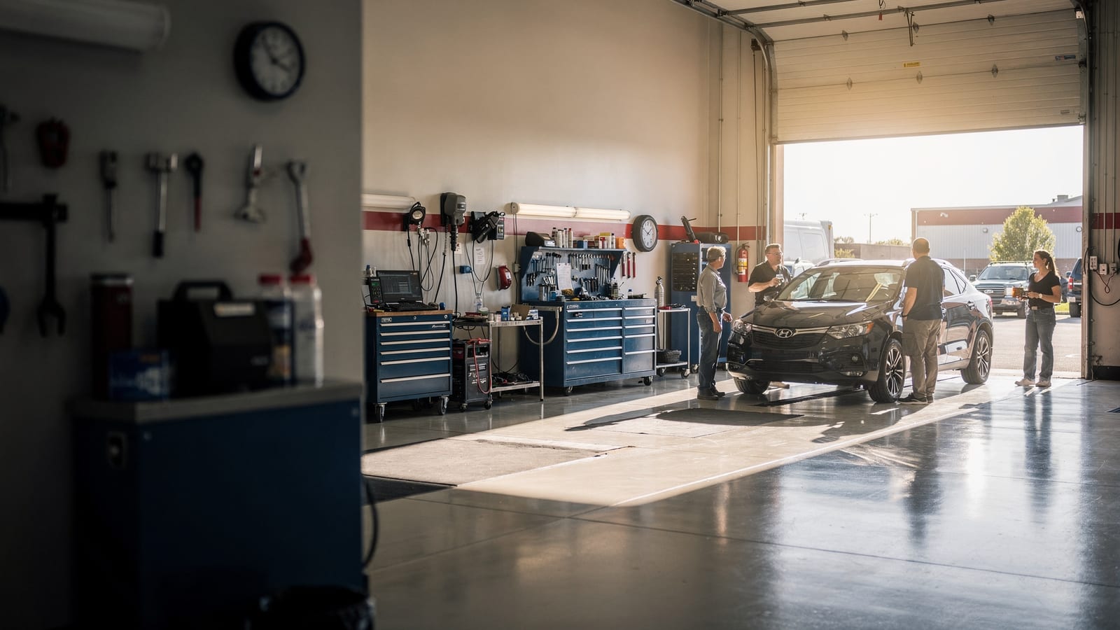 Inside the shop on Federal Blvd — a car in for service in the morning light