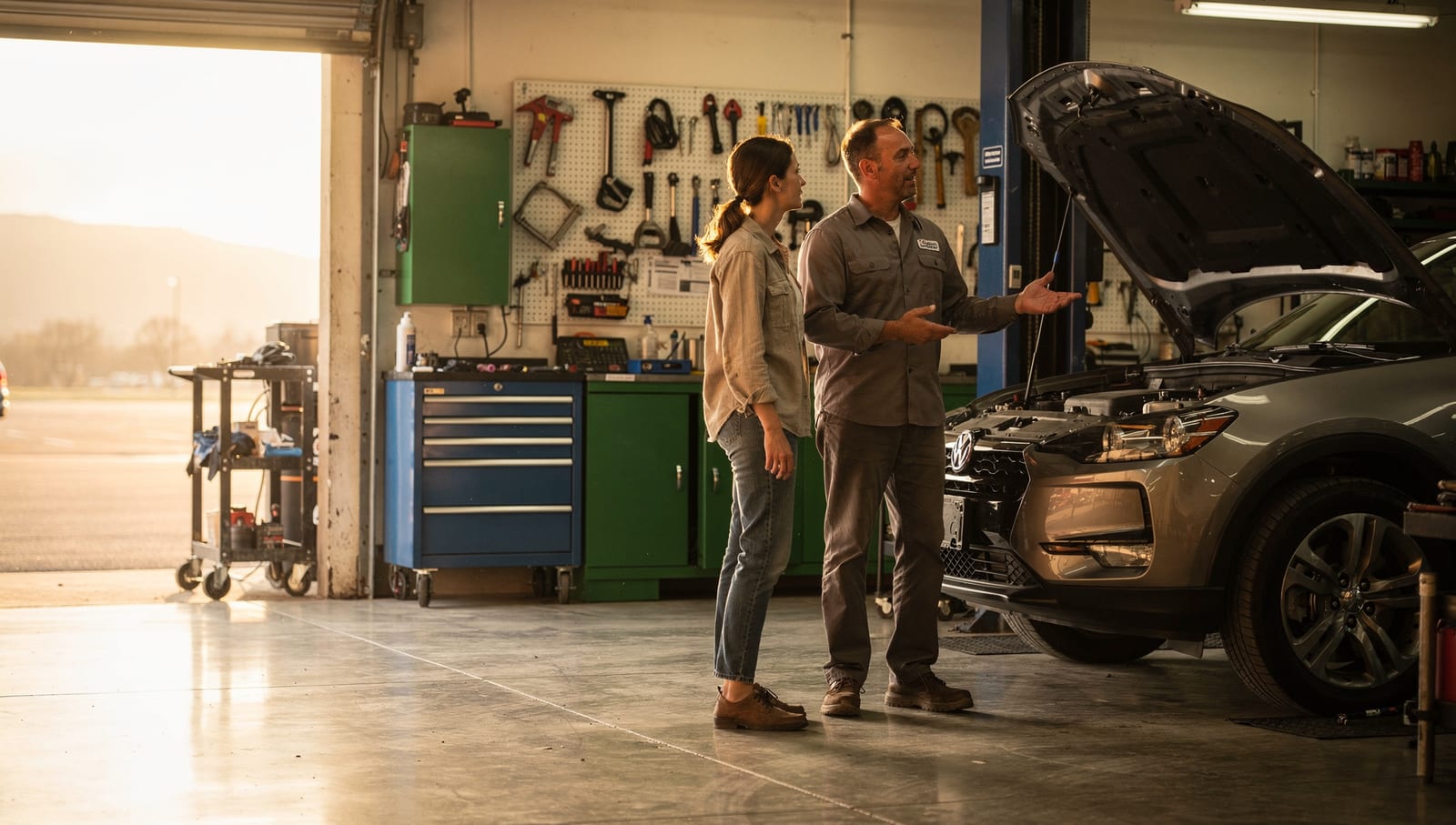 A mechanic walking a customer through a repair at the open hood